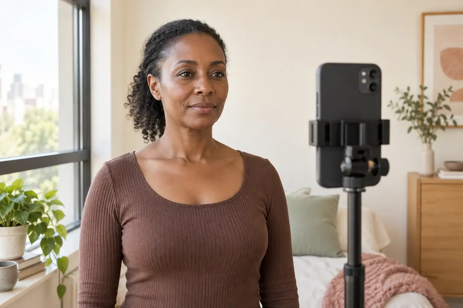 A woman takes an evenly lit eye-level portrait with a phone and tripod