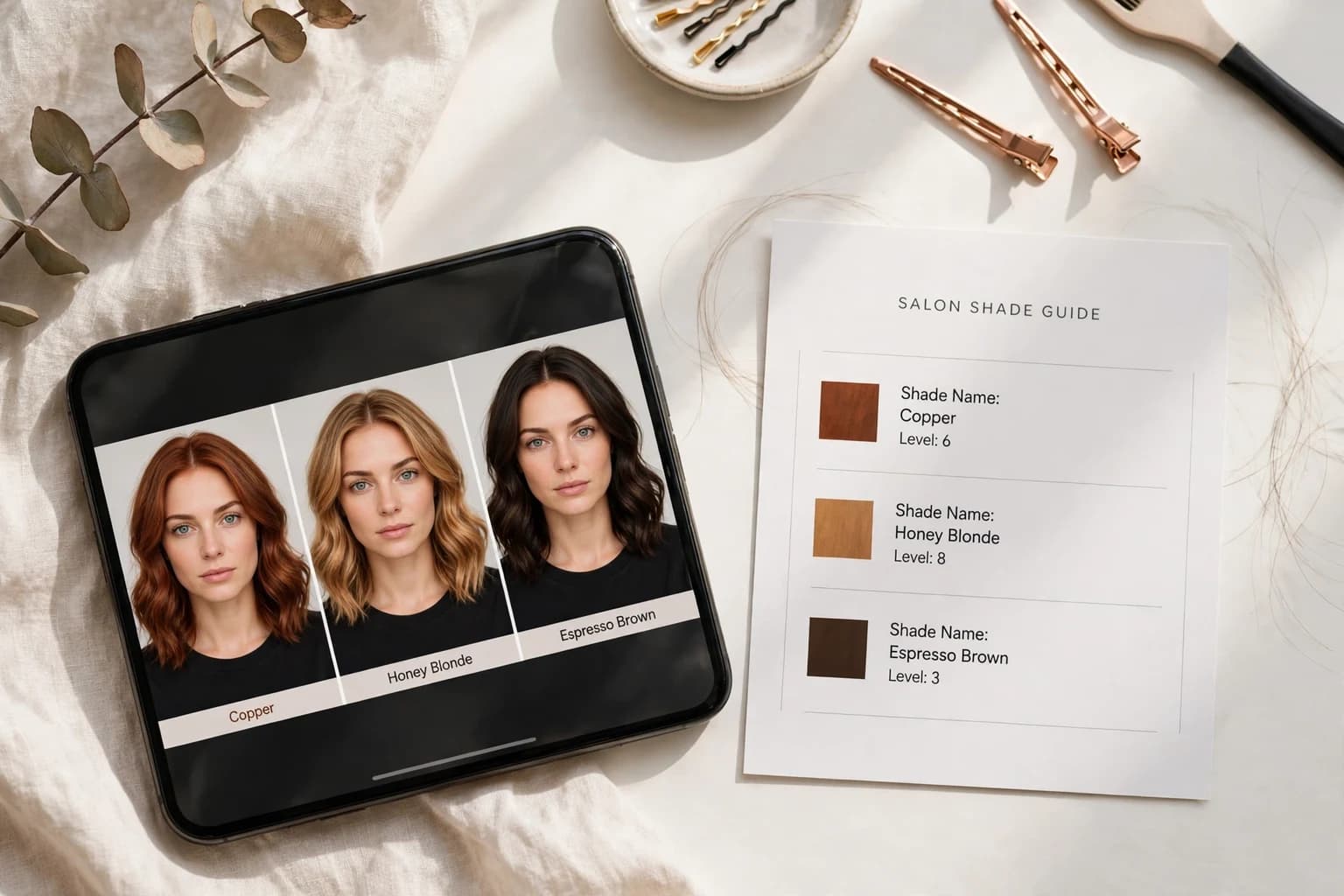 A phone showing the same woman's photo in three hair colors beside a Salon Card naming the chosen shade and level, on a salon table