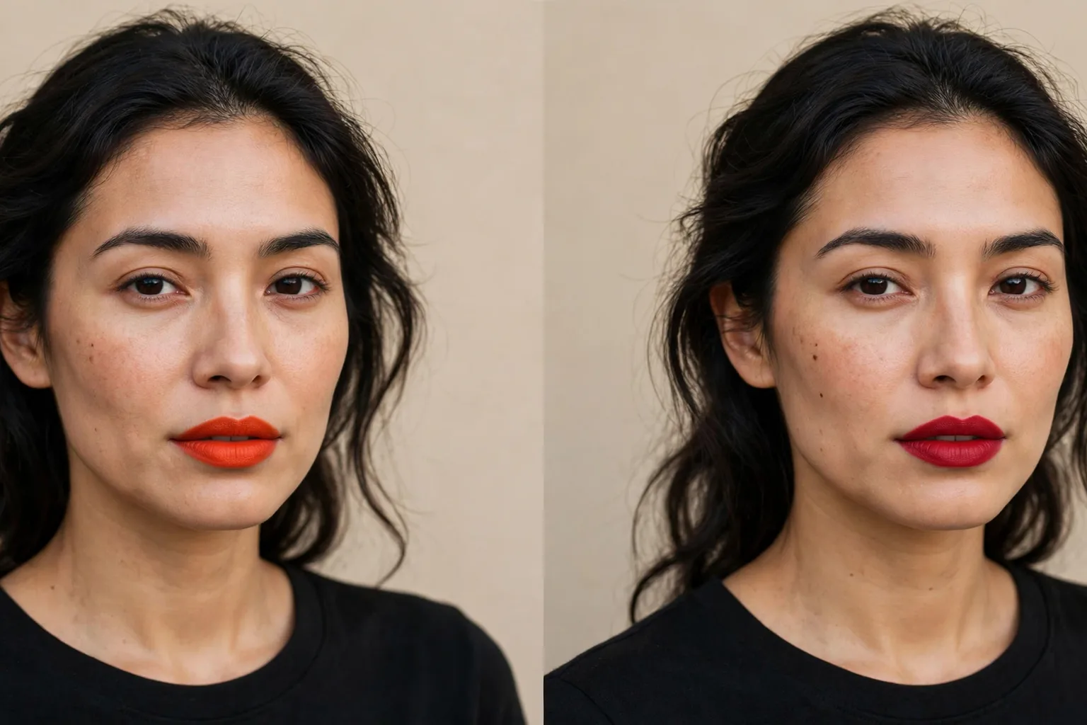 Same woman in two panels wearing an orange-red lipstick, then a blue-red lipstick, in daylight