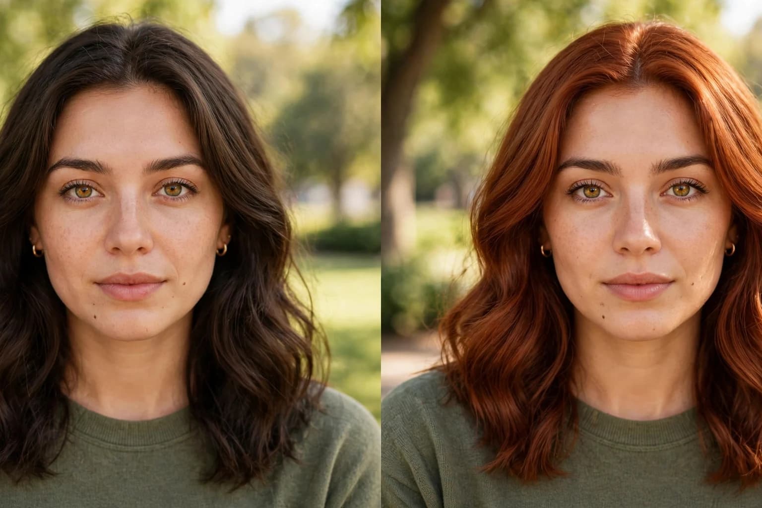 Before and after of the same woman: natural brunette, then wearing true copper hair with a warm glow against her skin