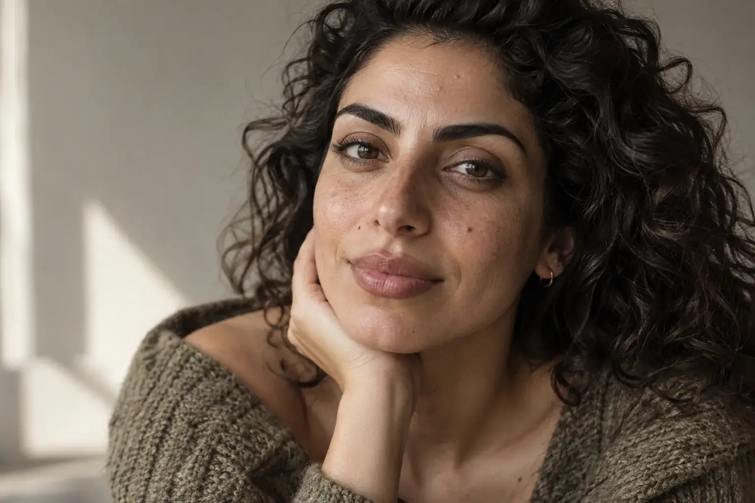 Close portrait showing natural pores, fine lines and skin texture