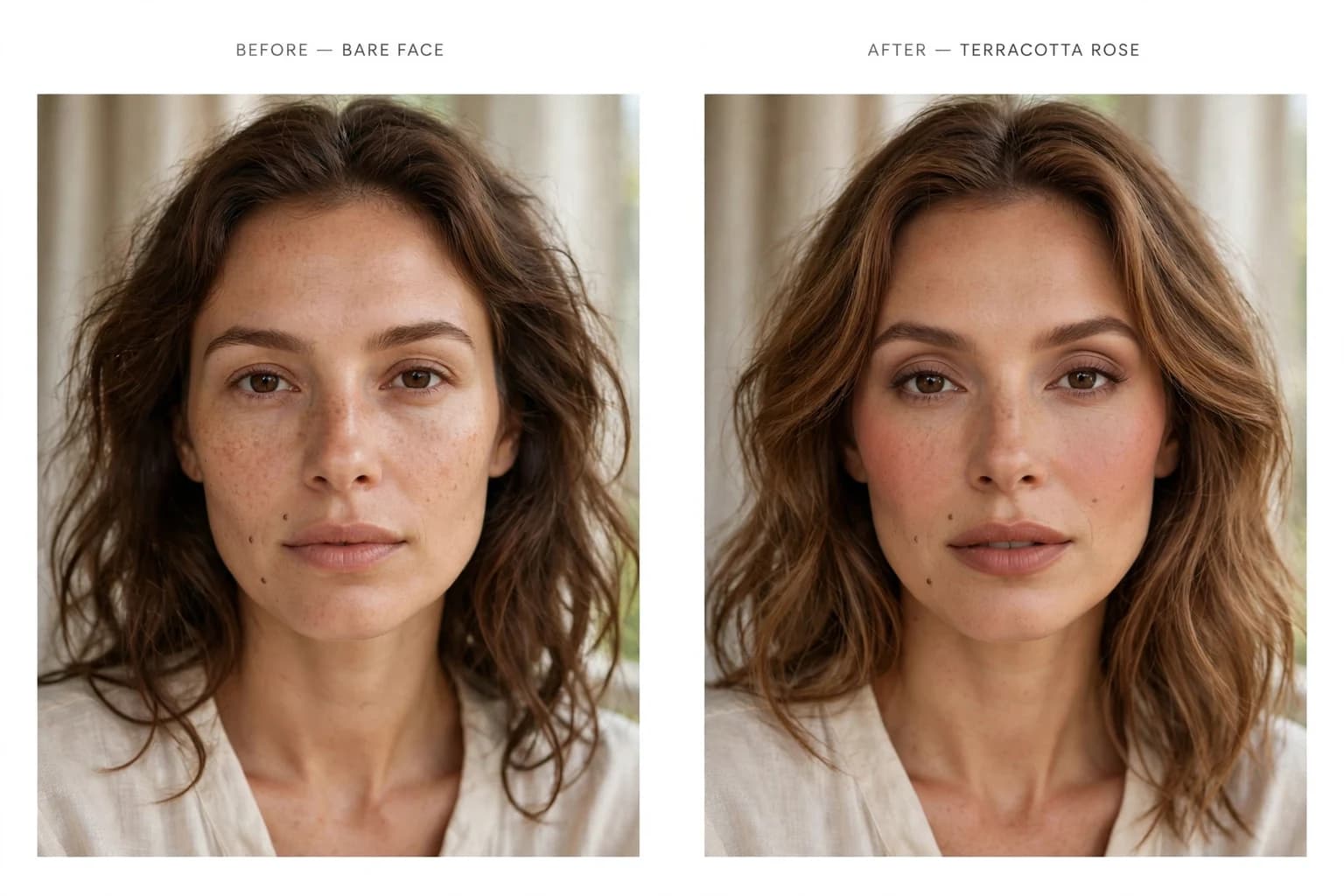Before and after of the same woman: bare-faced, then wearing muted terracotta-rose makeup and honey brown hair color