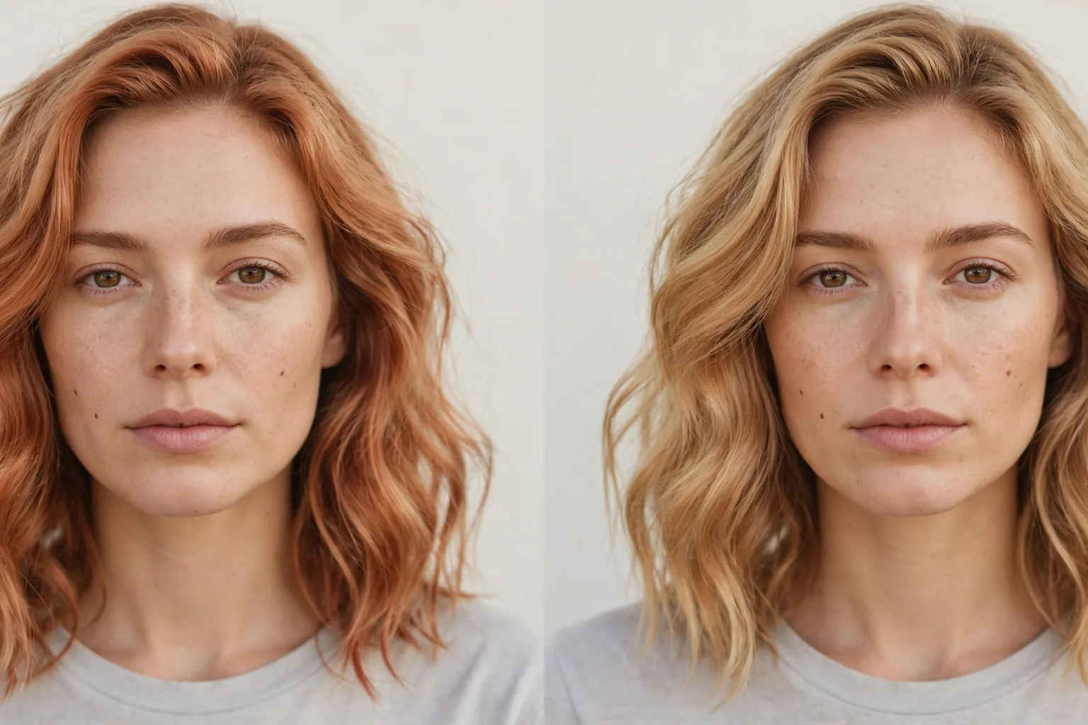 Same woman in two panels, one with soft copper blonde hair, one with honey blonde hair, in daylight