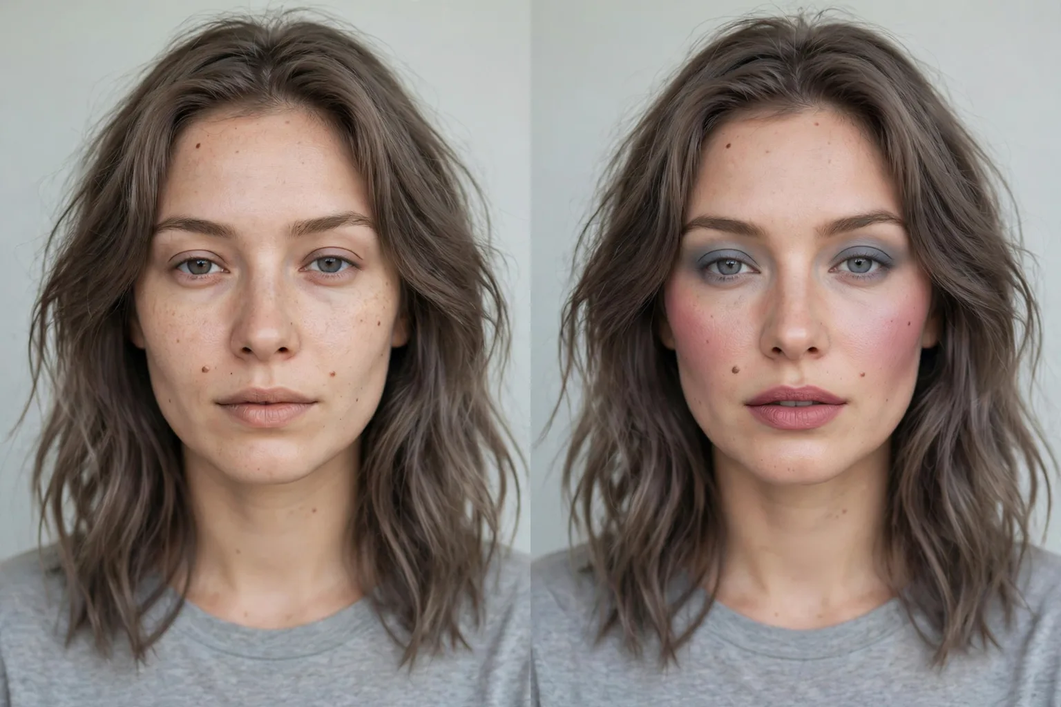 Before and after of the same woman: bare-faced, then wearing dusty rose lips, soft mauve eyes and ash brown hair