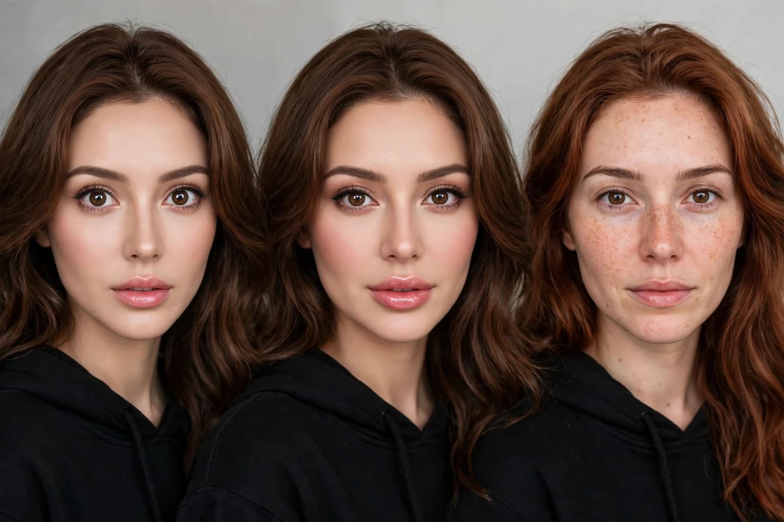 One woman's photo shown three ways: a reshaped selfie edit, a filtered beauty edit, and a hair color preview that leaves her face unchanged