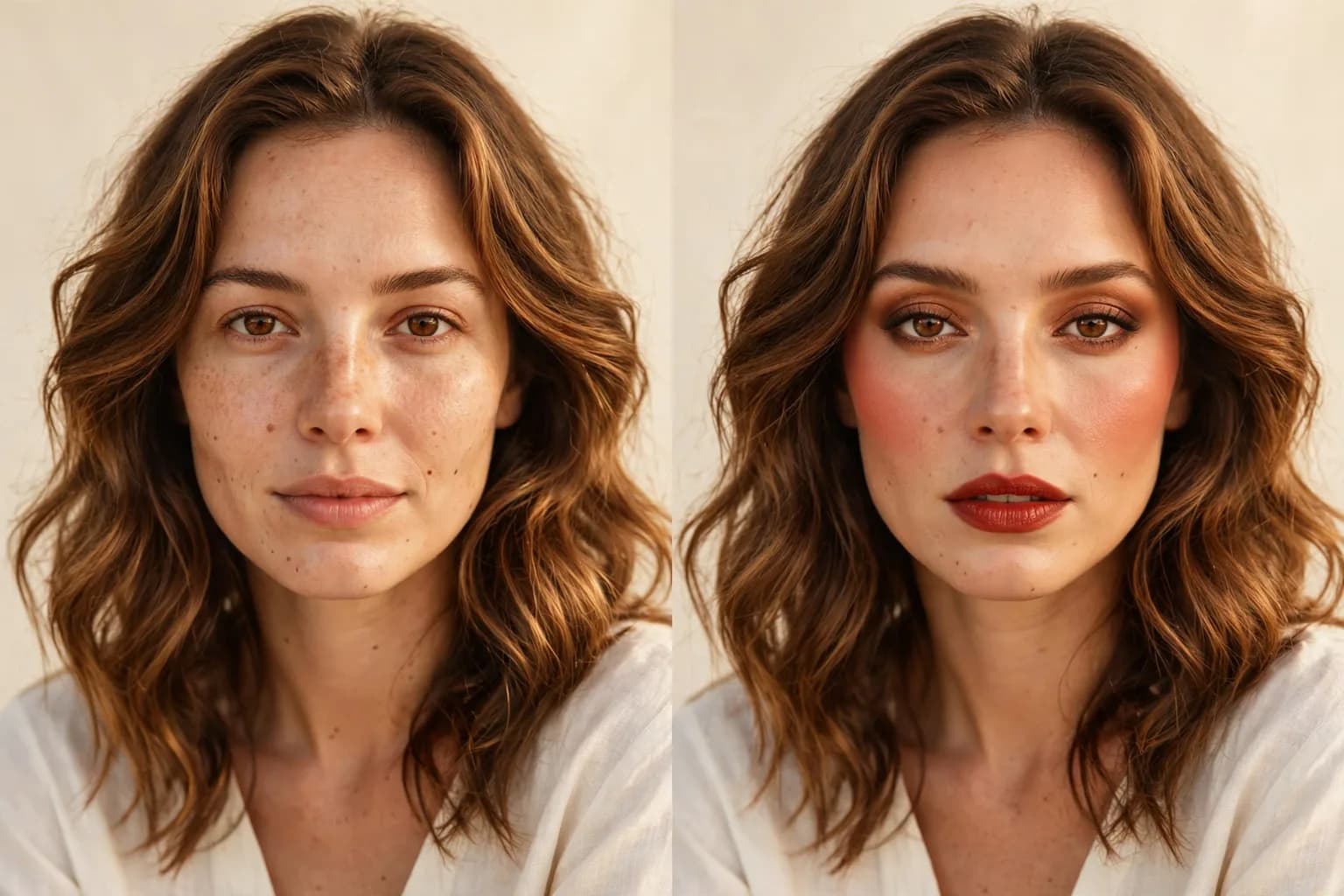 Before and after of the same woman: bare-faced, then wearing a brick red lip, terracotta blush and warm auburn hair