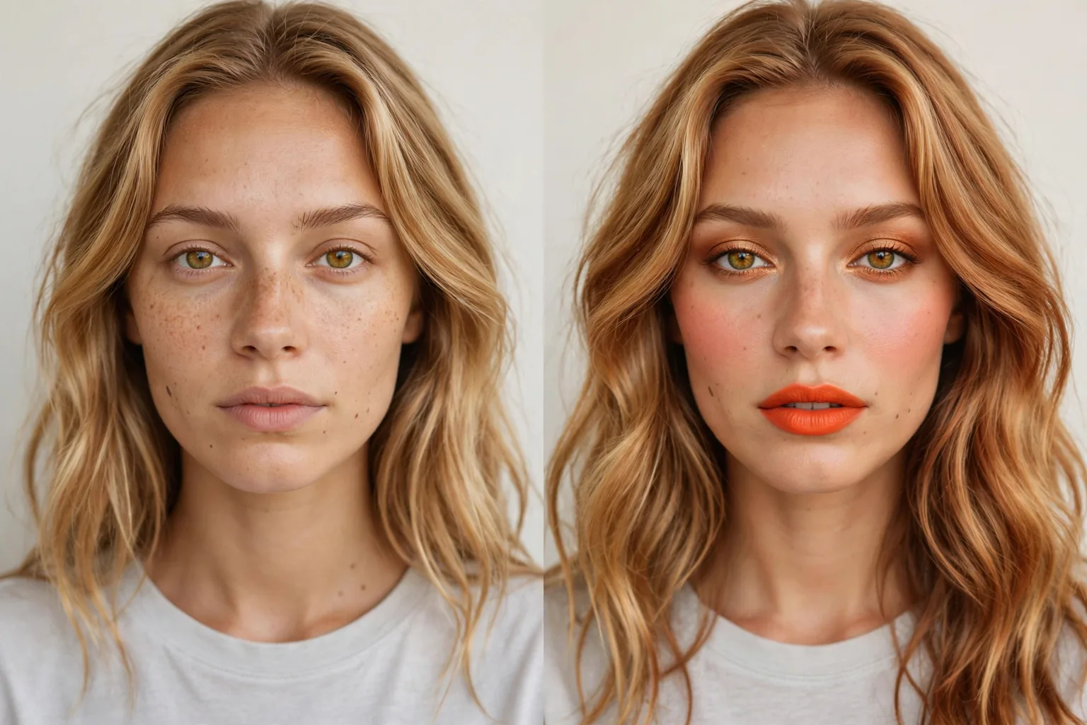 Before and after of the same woman: bare-faced, then wearing an orange coral lip, peach blush and honey blonde hair
