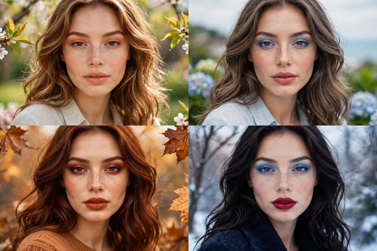 The same woman shown four ways, wearing the makeup and hair colors of a spring, summer, autumn and winter season