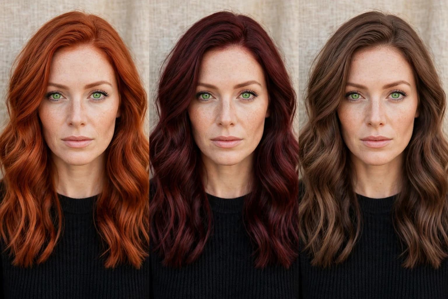 A woman with clear green eyes shown with true copper hair, then with a cool burgundy shade, her eyes reading vivid against both