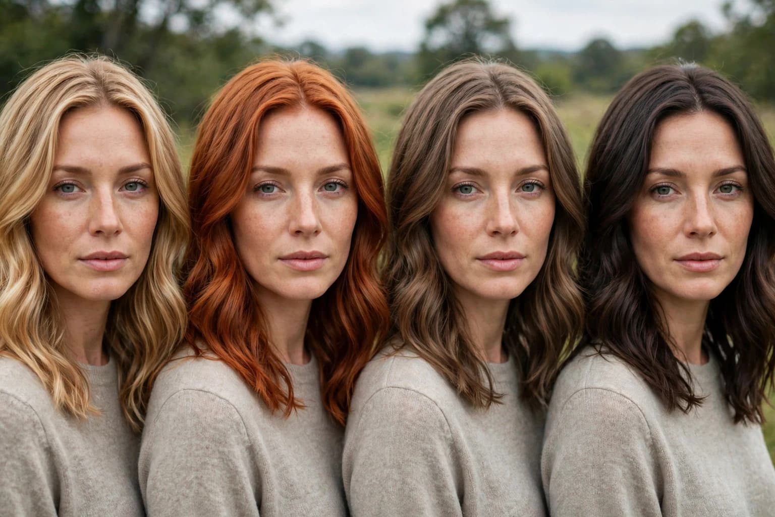 The same woman shown with four hair colors: honey blonde, copper, ash brown and espresso, against her natural coloring