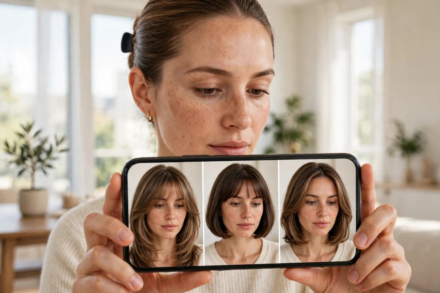 A woman looking at three haircut previews on her own photo, a butterfly cut, a French bob and long layers