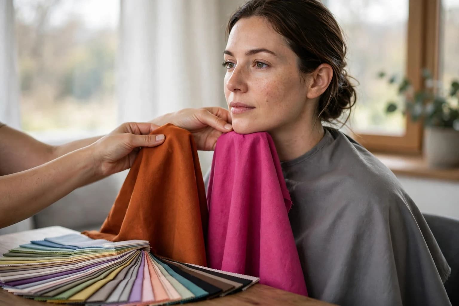 A color analysis draping in progress, fabric swatches in warm and cool tones held beneath a woman's chin in daylight while an analyst compares them