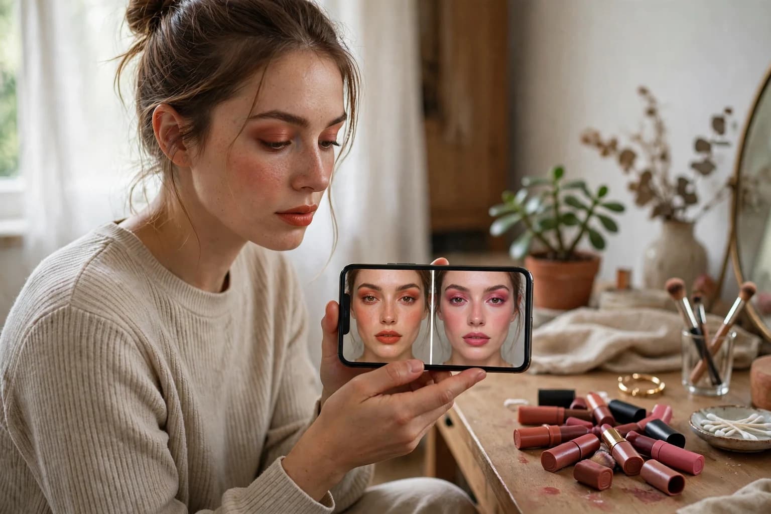 A woman comparing two makeup looks on her own photo on a phone, a warm look and a cool look side by side