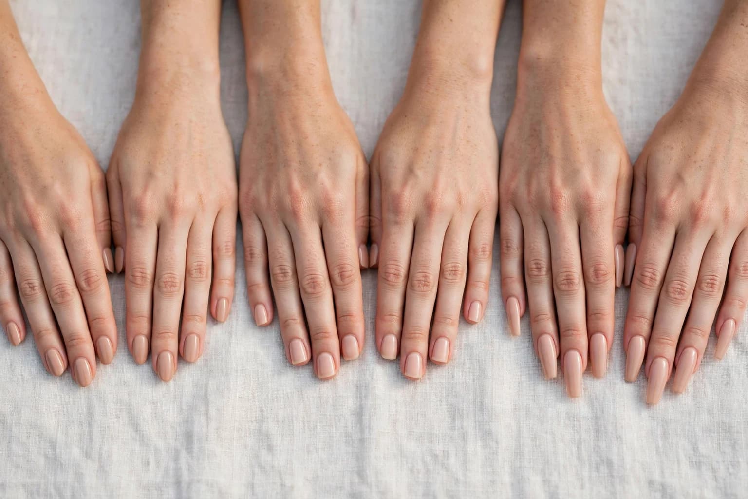 The same pair of hands photographed with almond, square and coffin shaped nails in a row