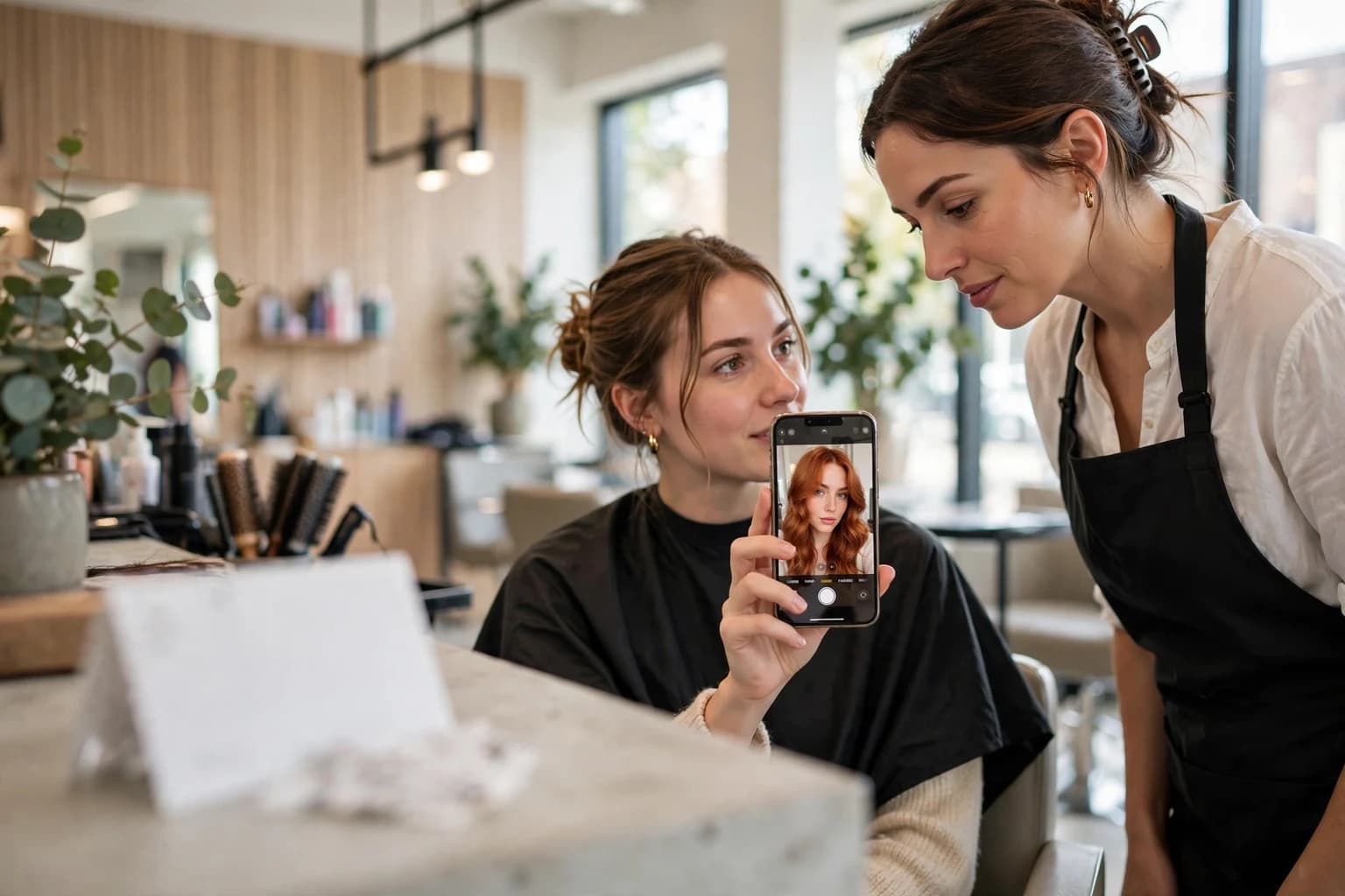 A client in a salon chair showing her stylist a phone with her own photo previewed in the colour she wants, a Salon Card resting on the counter beside them