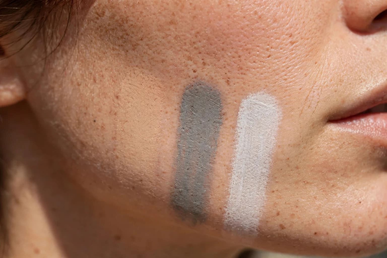 Jawline in daylight with three foundation stripes: one matched, one grey and ashy, one too light and chalky
