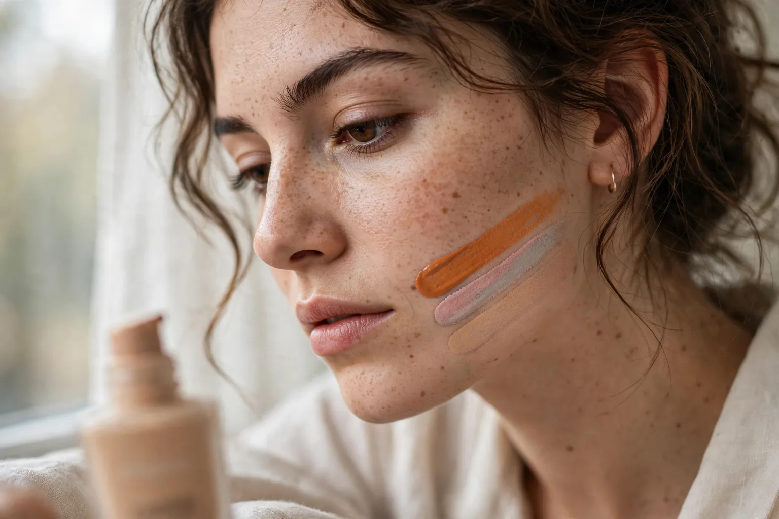 Close up of three foundation swatch stripes on a jawline in daylight: one matched, one orange, one grey and ashy