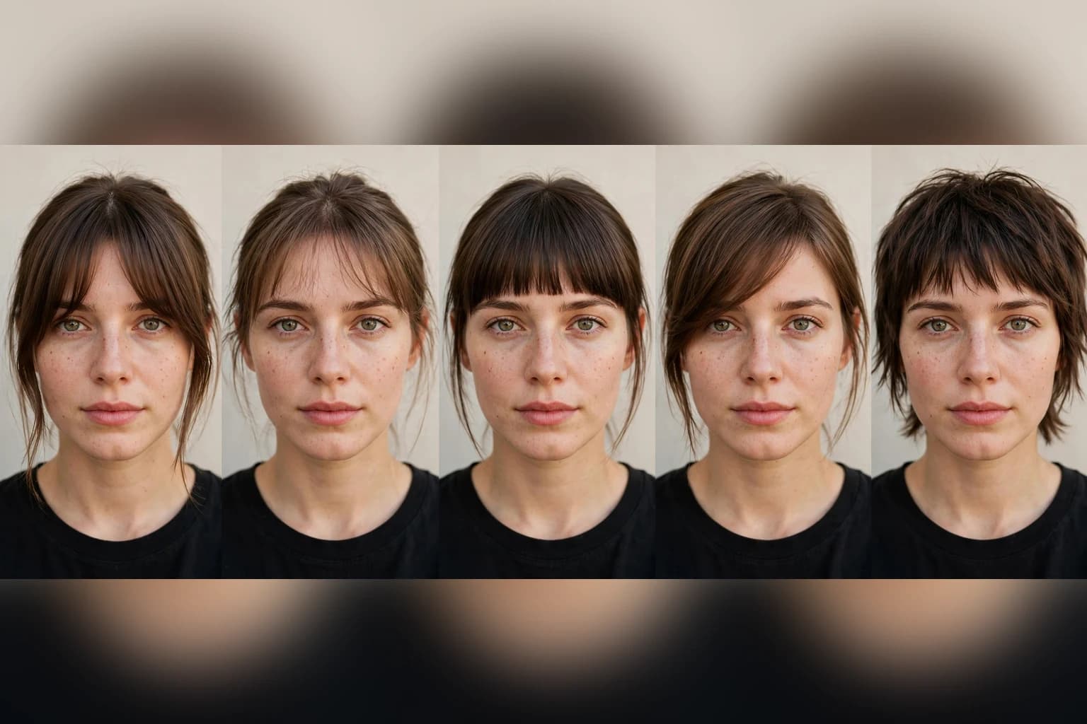 Five portraits of the same woman wearing curtain, wispy, blunt, side-swept and choppy bangs side by side