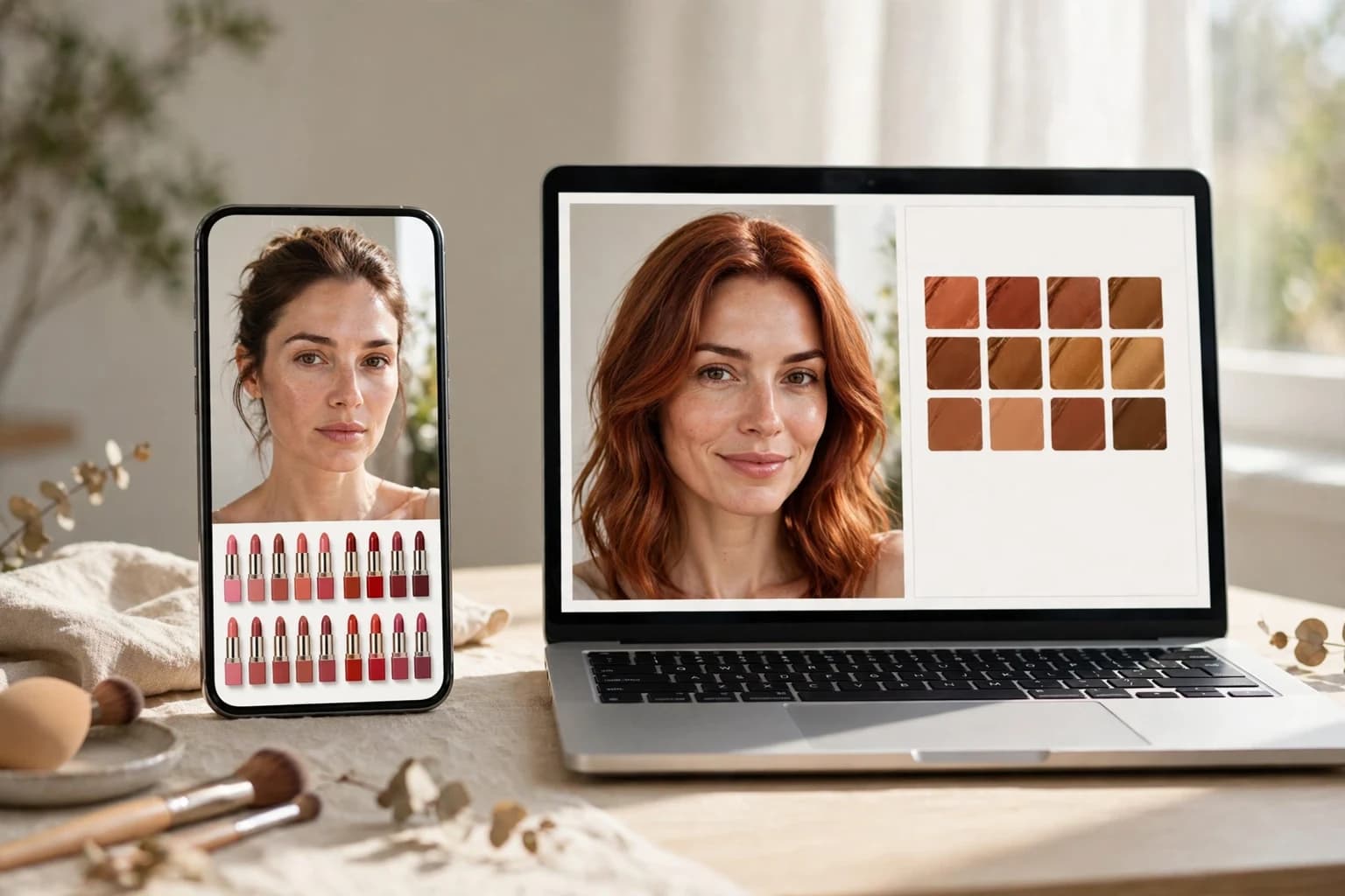 A phone showing a live camera makeup try-on surrounded by branded product shelves, next to a laptop showing the same woman's photo with a hair color preview and a shade card