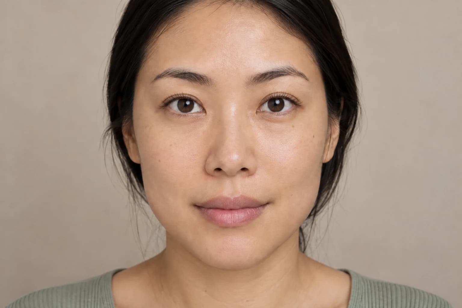 Woman with dark straight hair wearing subtle brown-black mascara and separated lashes