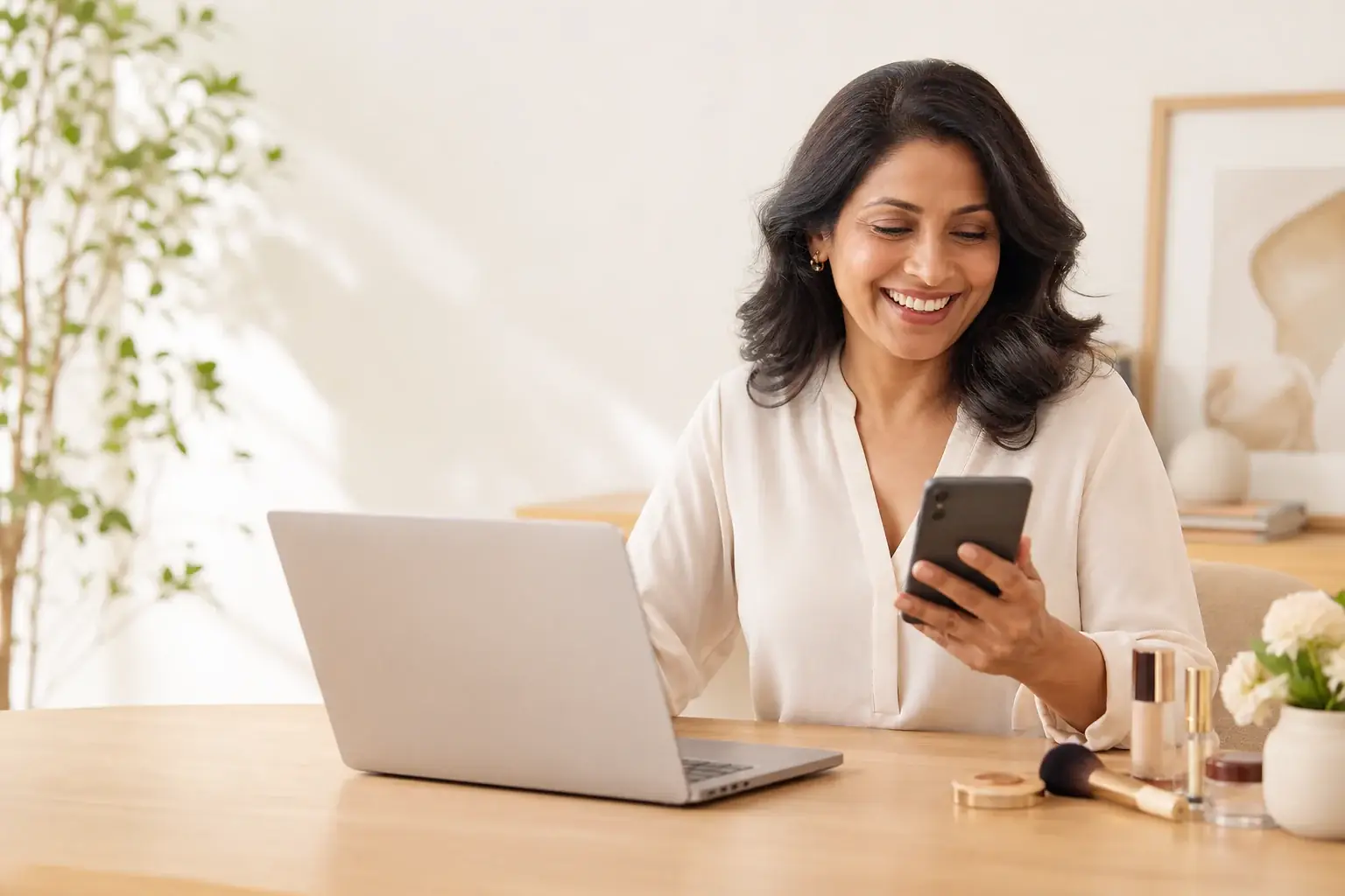 A woman finding help while using Uptone on her laptop and phone