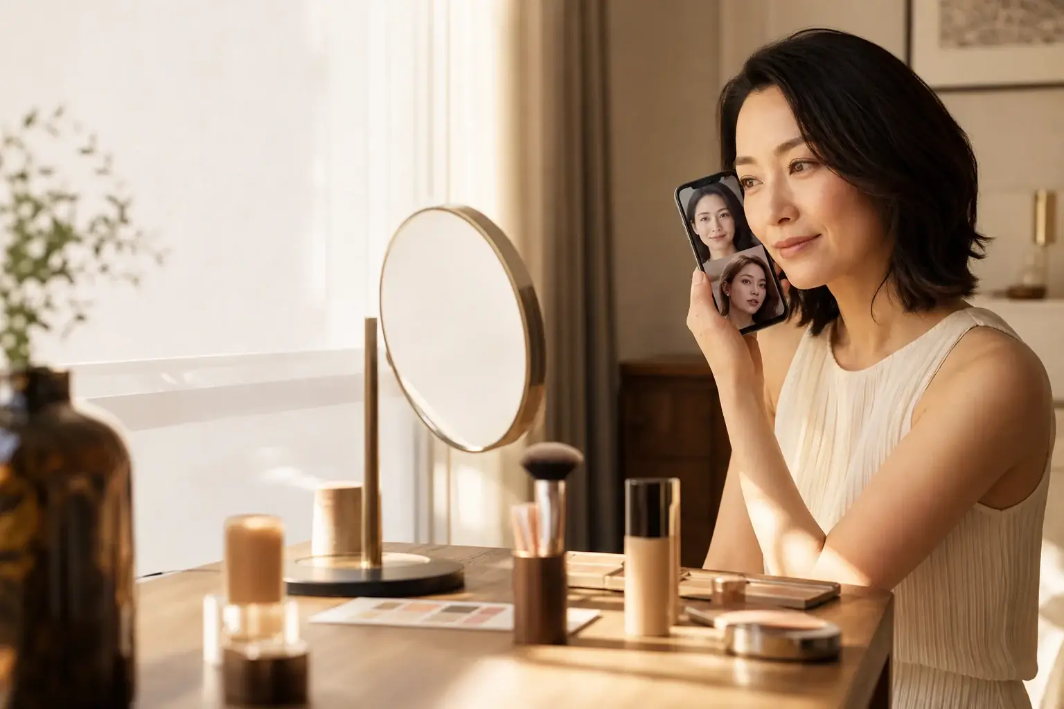 A woman comparing her own portrait with a makeup reference at a vanity
