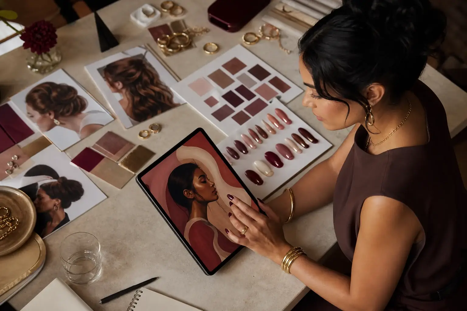 A woman assembling a beauty moodboard with hair, colour, nail and jewellery references