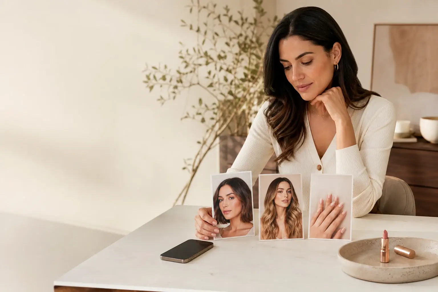 A woman calmly comparing several beauty looks at her vanity