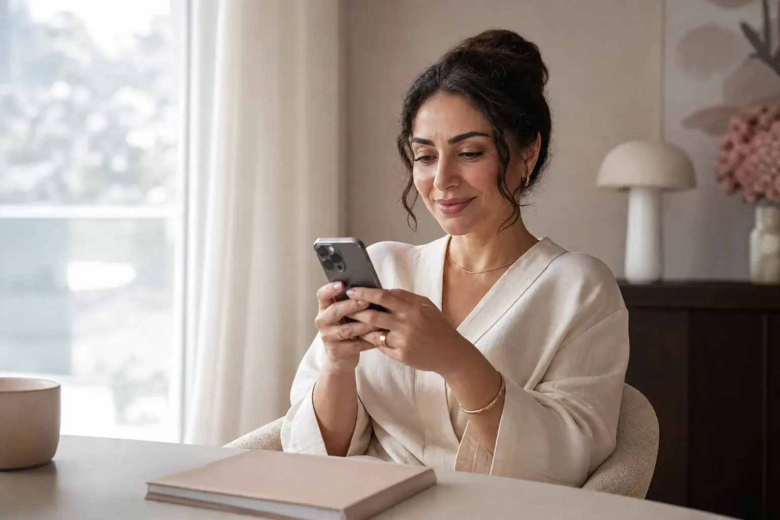 A woman privately reviewing her own portrait on her phone