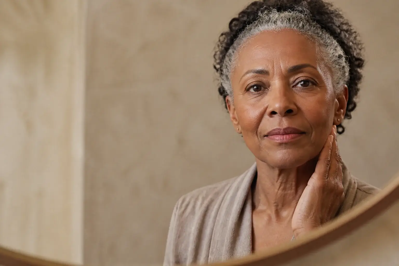An older woman with authentic skin texture looking confidently into a mirror