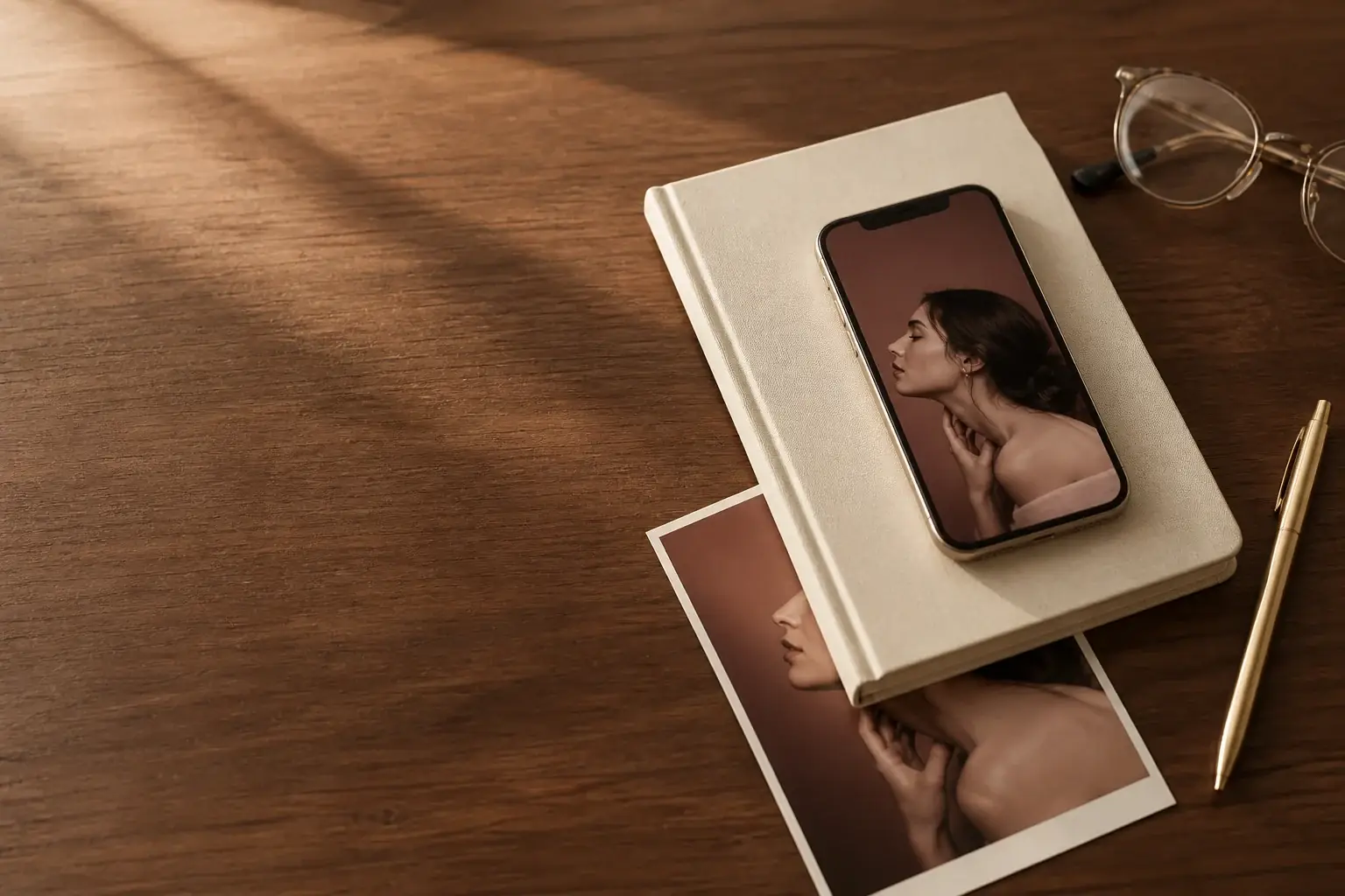 A phone, portrait, notebook and glasses arranged on a warm wooden desk