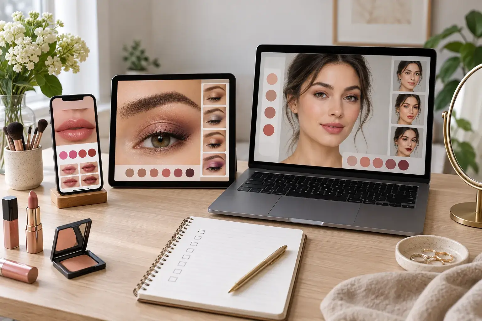 Phone, tablet and laptop show different generic makeup workflows beside a notebook and mirror