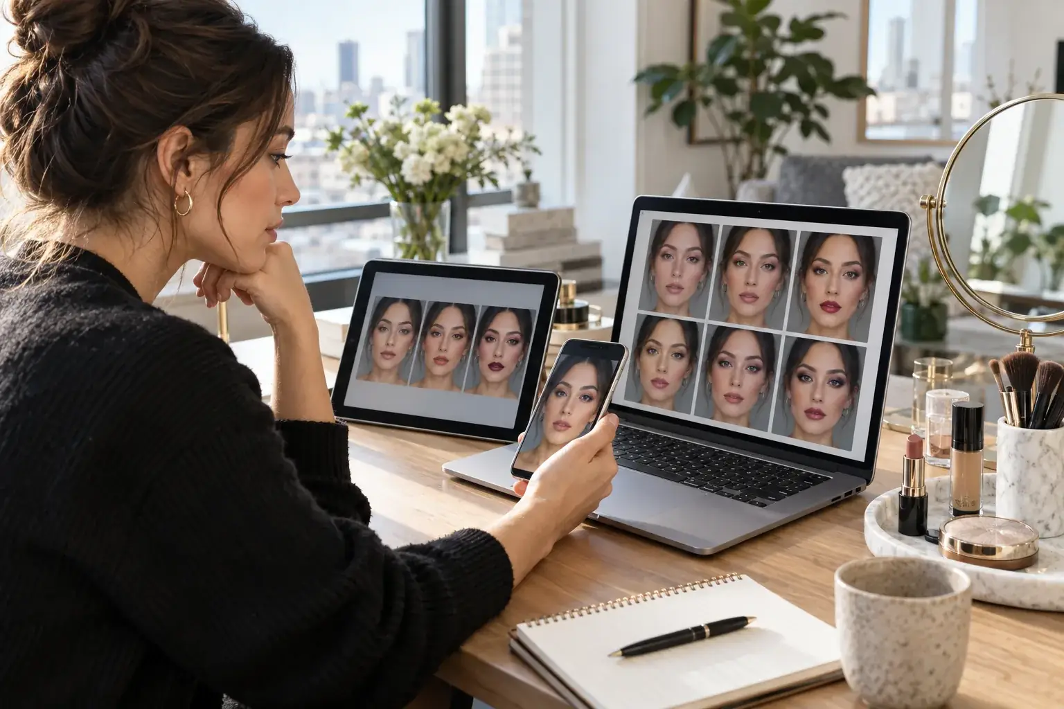 Woman compares generic beauty previews across a phone, tablet and laptop at a desk