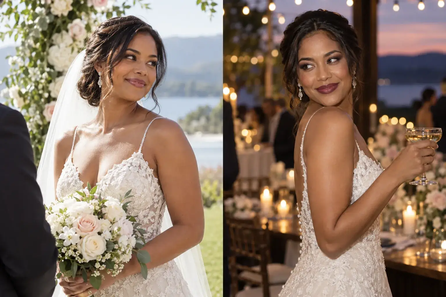 The same bride wears a luminous daytime ceremony look and a slightly deeper reception look