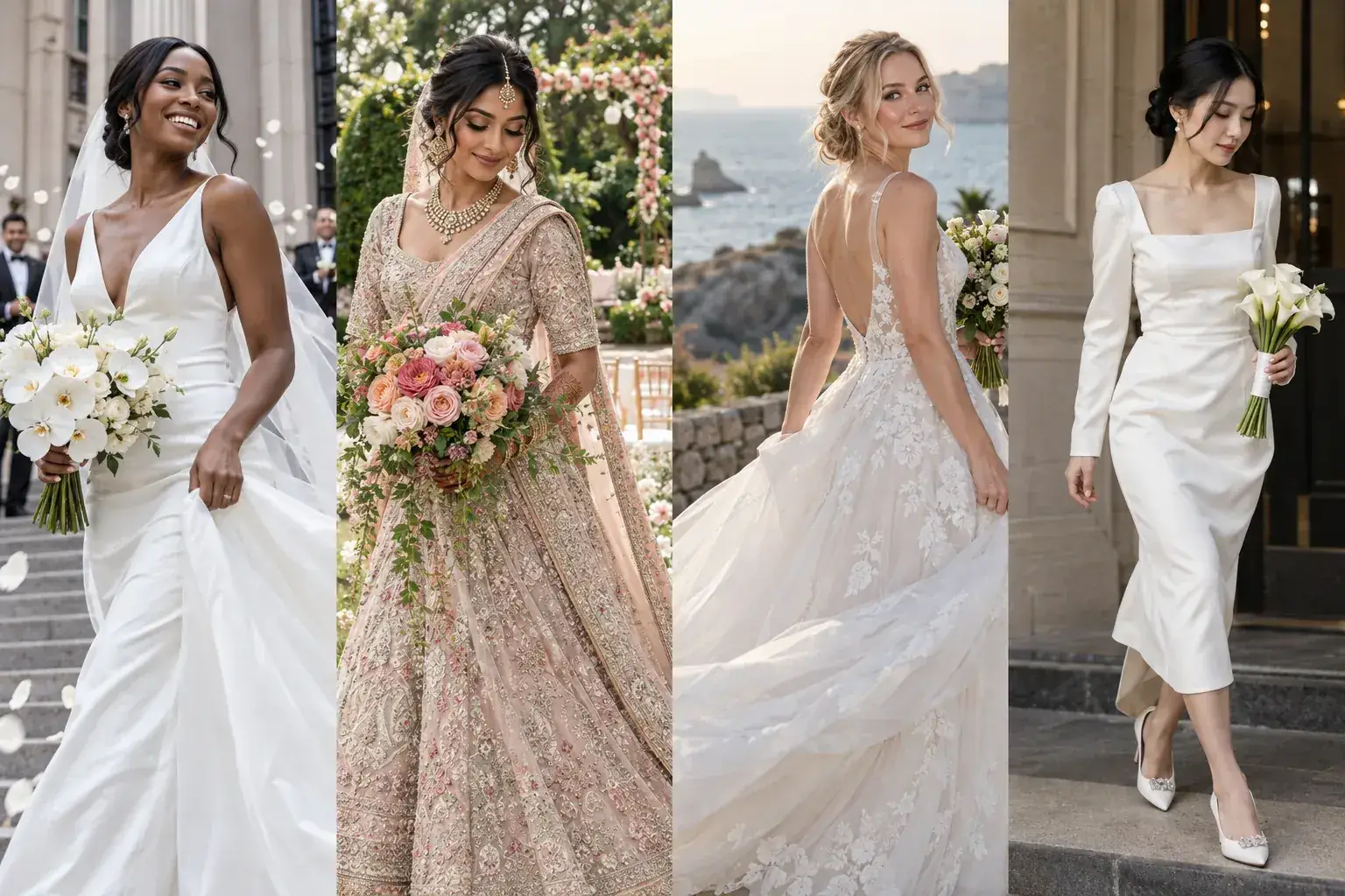 Four brides in city, South Asian garden, coastal and registry wedding settings with distinct makeup looks