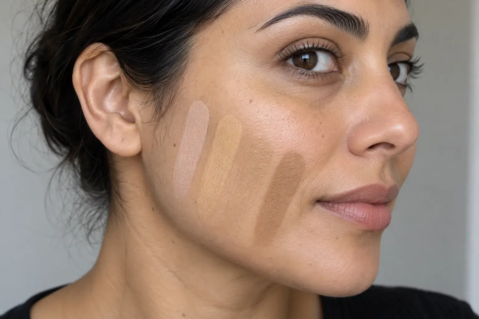 Close view of foundation swatches on an olive jawline with one shade blending into the skin