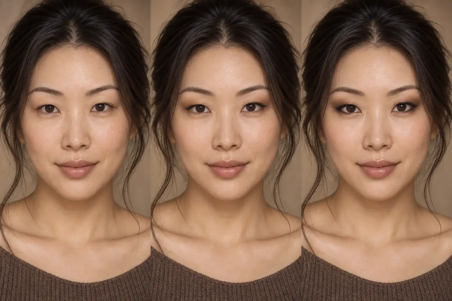The same East Asian woman shown with bare, soft daytime and softly smoked hooded-eye makeup