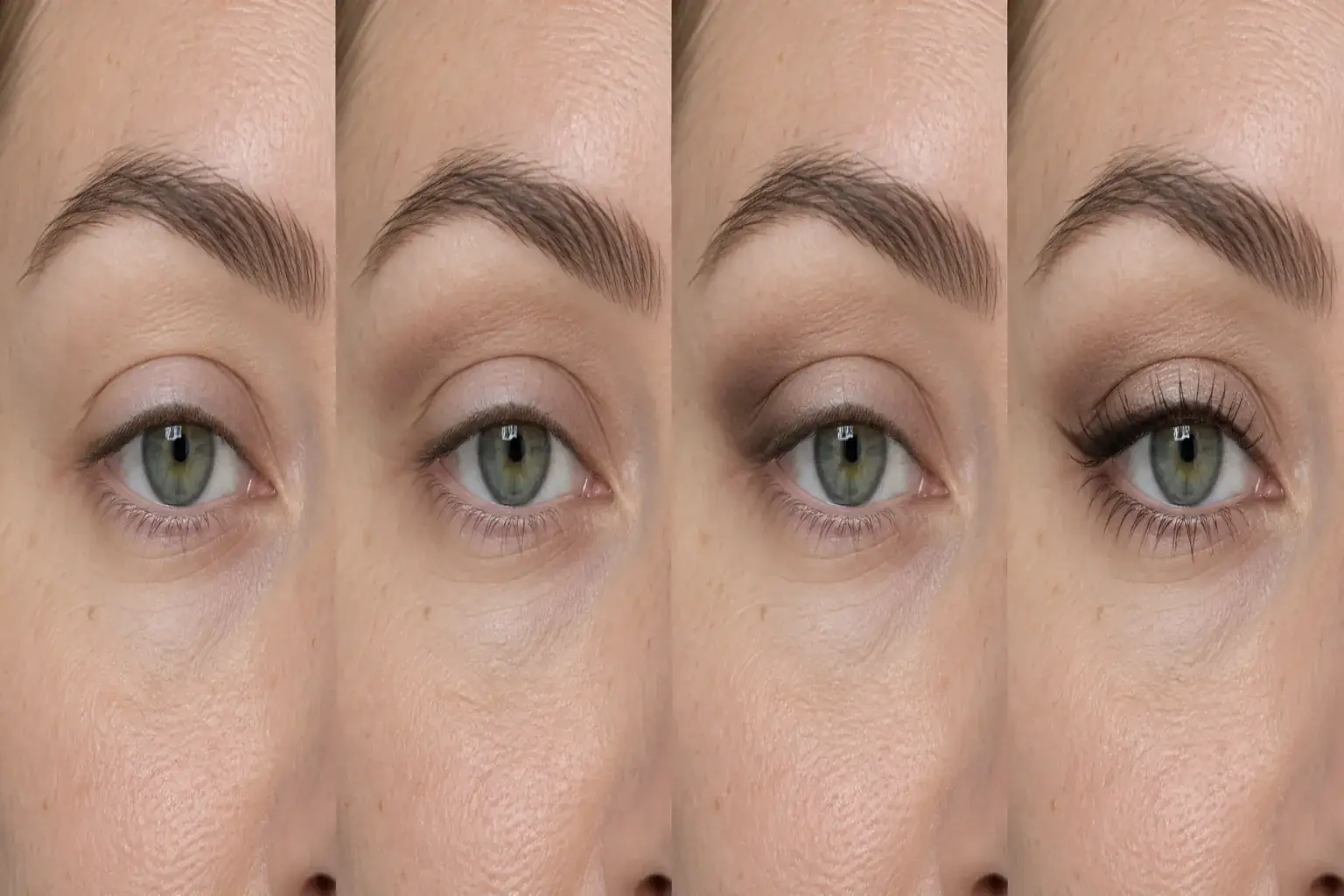 Four close views show taupe shadow and fine liner applied step by step to the same hooded green eye