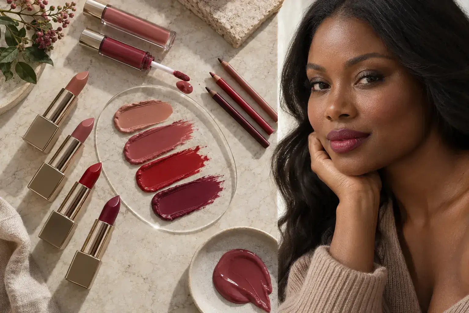 Woman in berry lipstick beside unbranded nude, rose, red and berry lip colour swatches