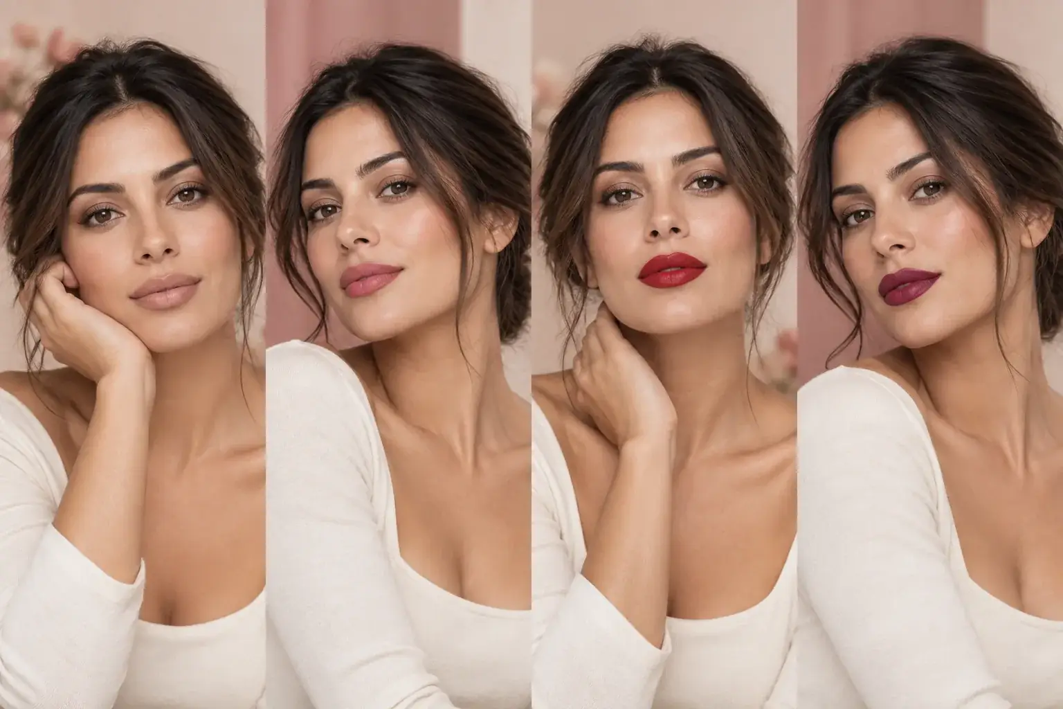 The same woman wears nude, rose, red and berry lipstick shades