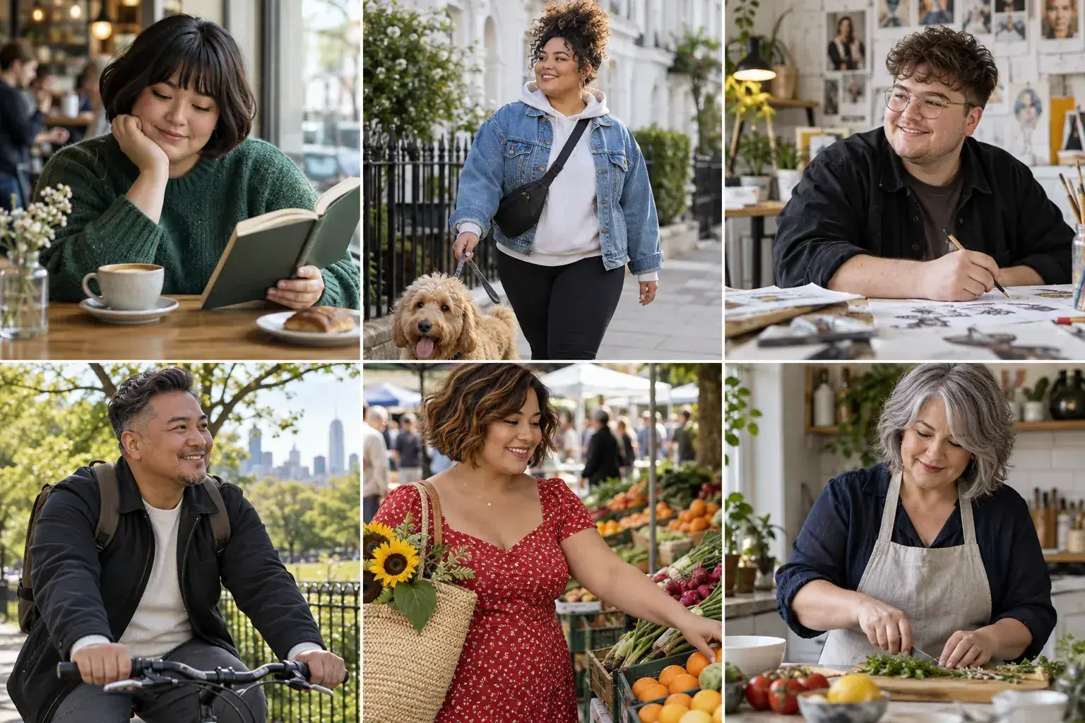Six adults with round faces wear varied hairstyles while reading, walking, cycling, shopping and working