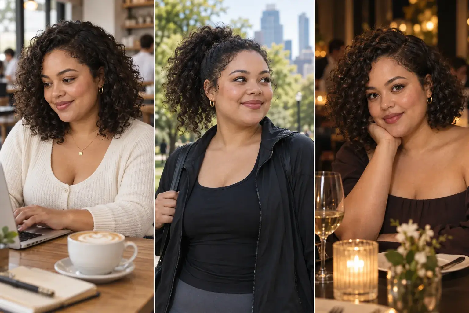 The same round-faced woman wears layered curls, a high ponytail and a side-parted curly bob in different settings