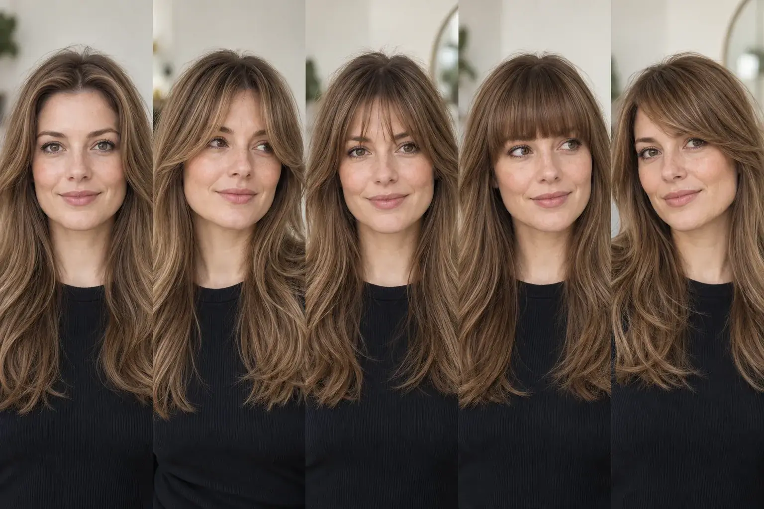 The same woman shown without fringe and with curtain, wispy, blunt and side-swept bangs