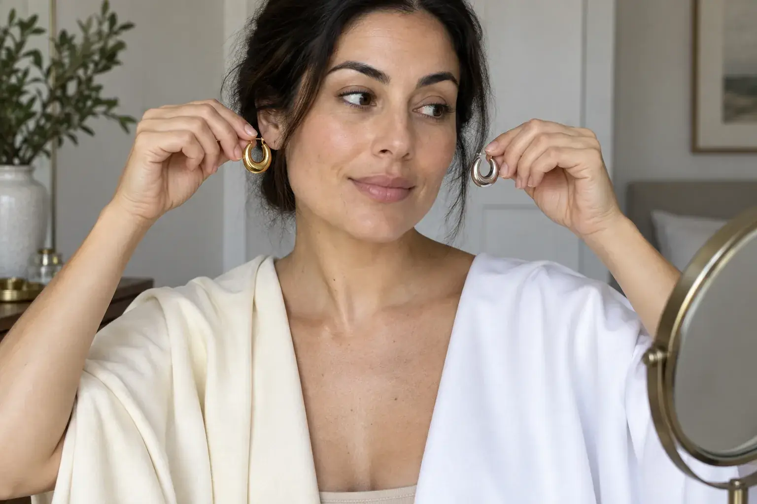 Woman compares gold and silver earrings with cream and white fabric in daylight