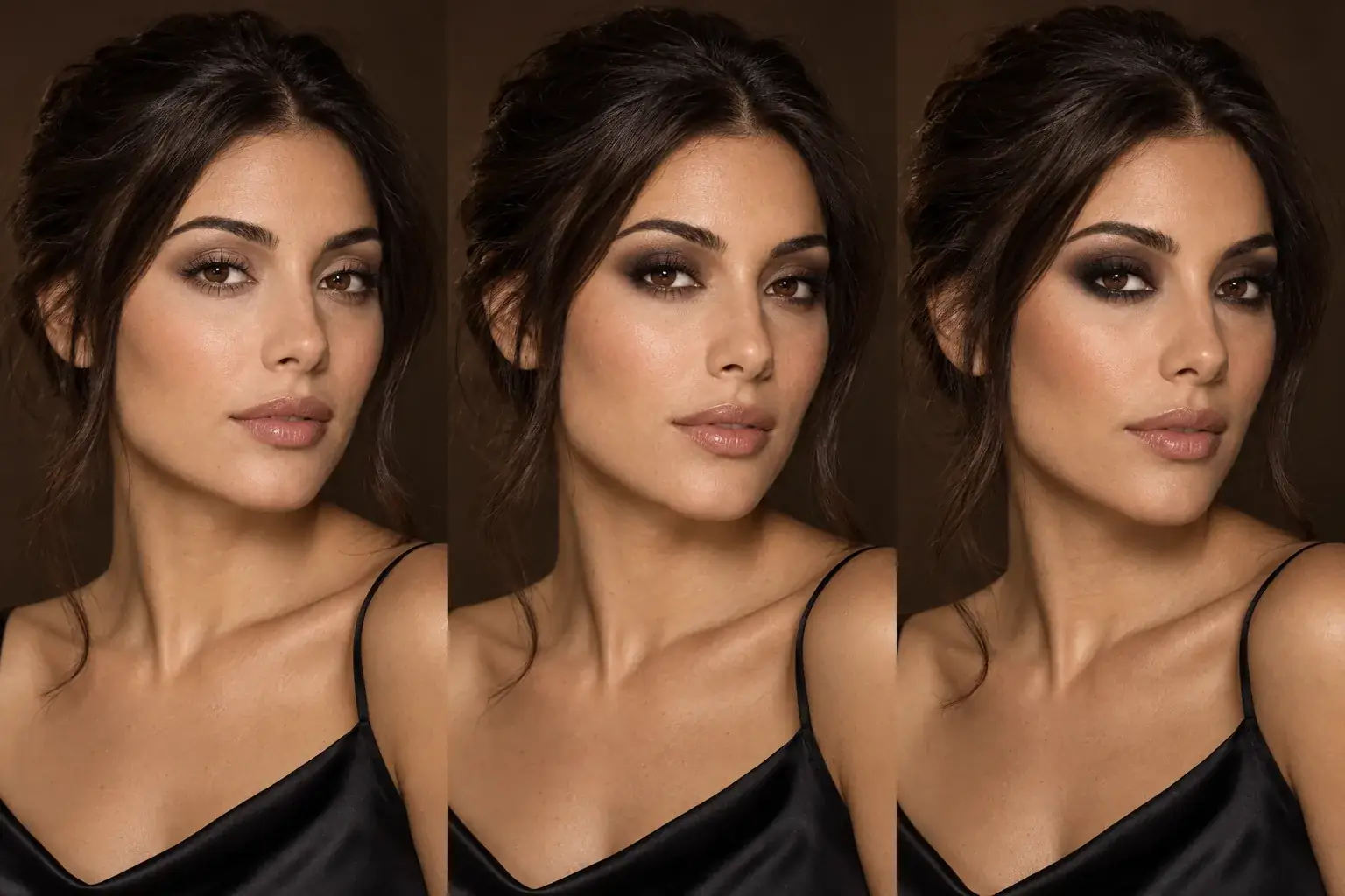 The same olive-skinned woman wears soft taupe, classic brown charcoal and dramatic smokey eyes