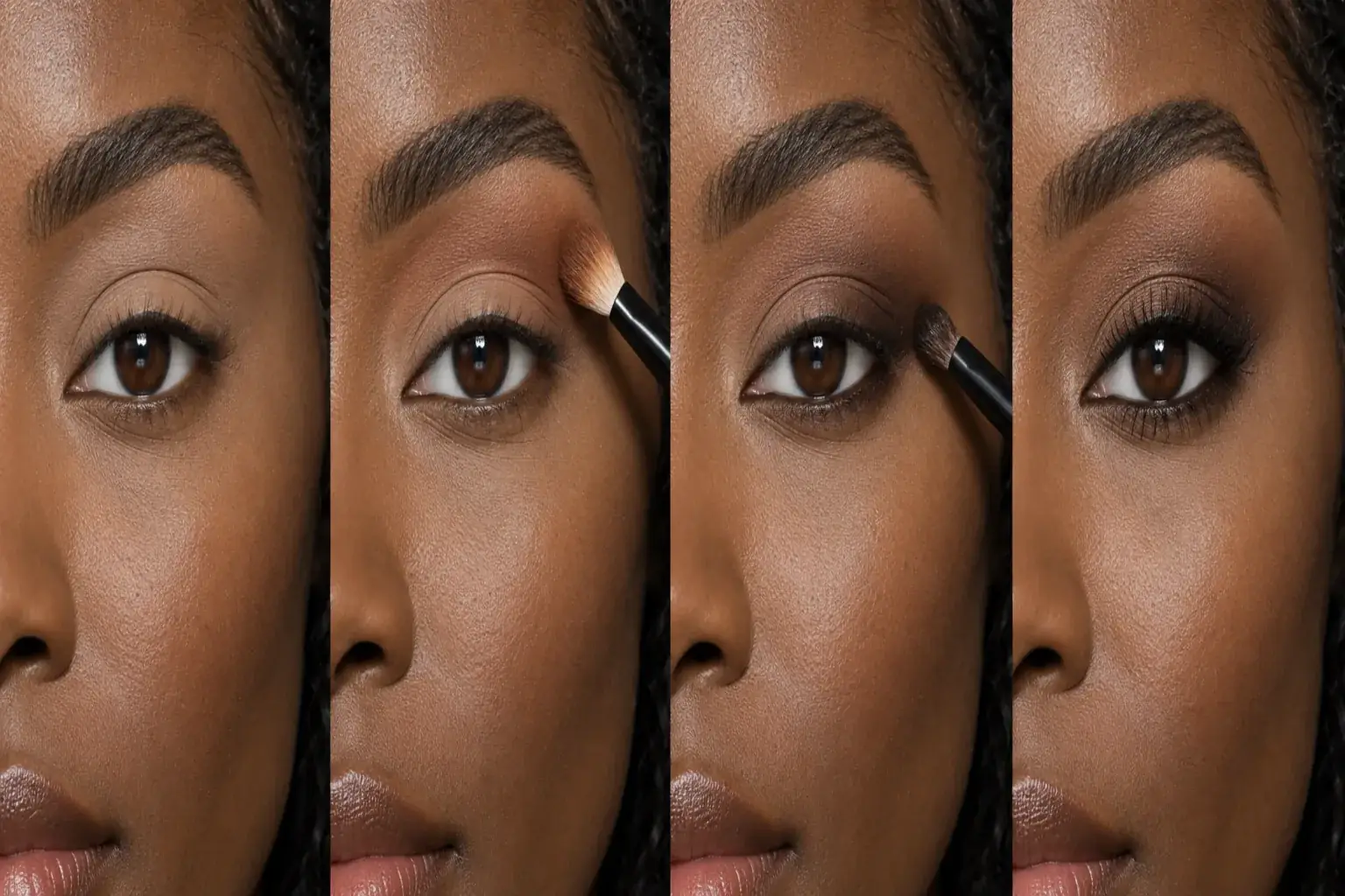 Four close views show a brown smokey eye built from base to transition, deep outer corner and finished lashes