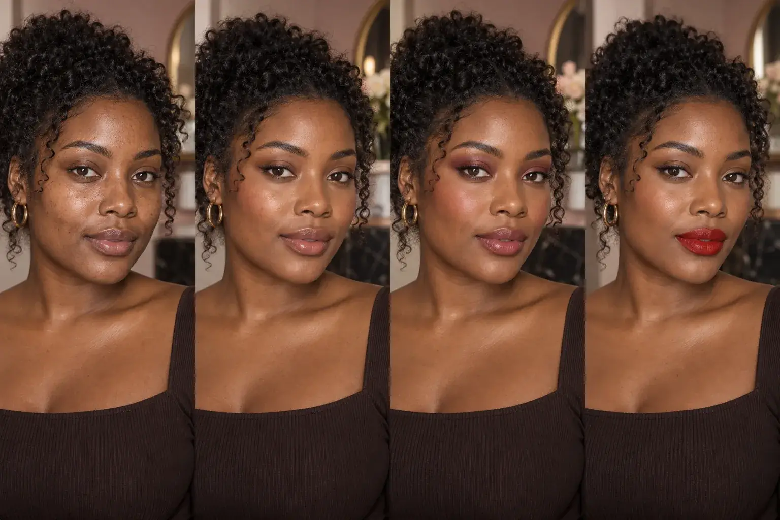 The same Black woman shown with natural, daytime, rose evening and red lip makeup looks