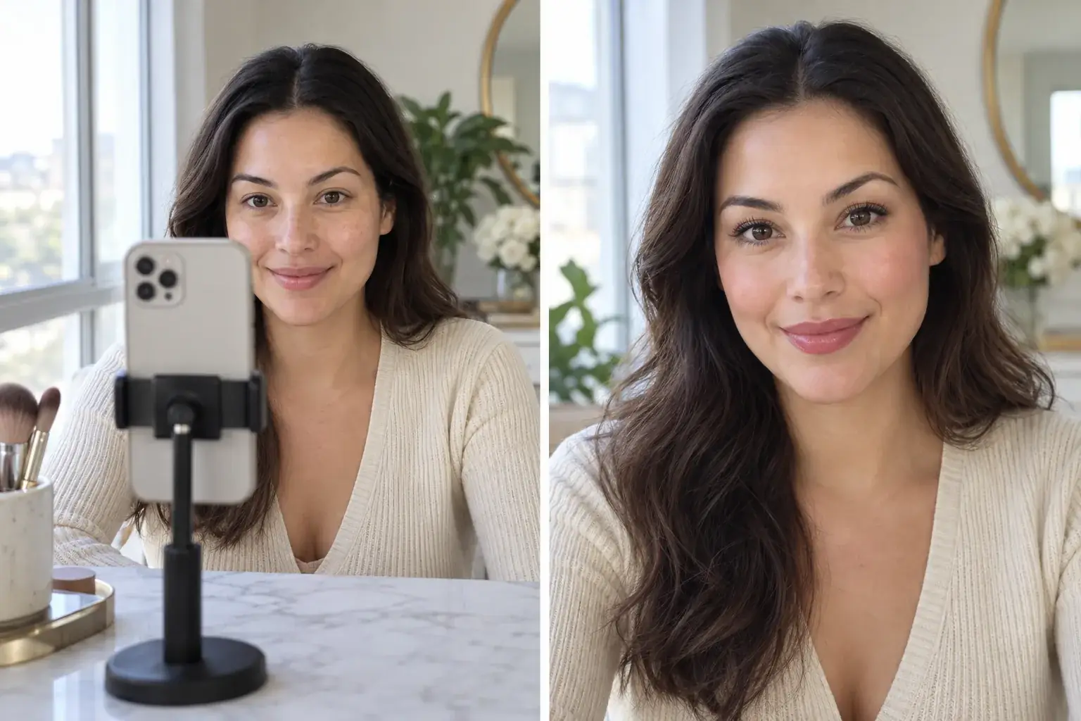 Woman captures a clear front-facing photo beside a realistic makeup preview