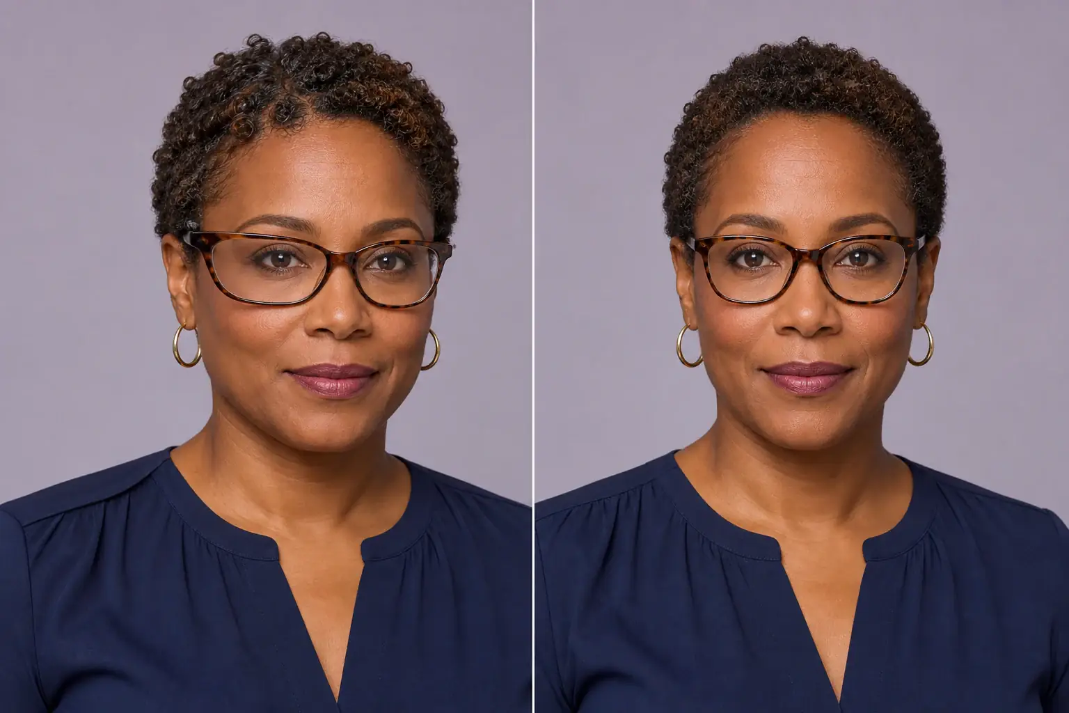 Side-by-side example of wide-angle facial distortion repaired