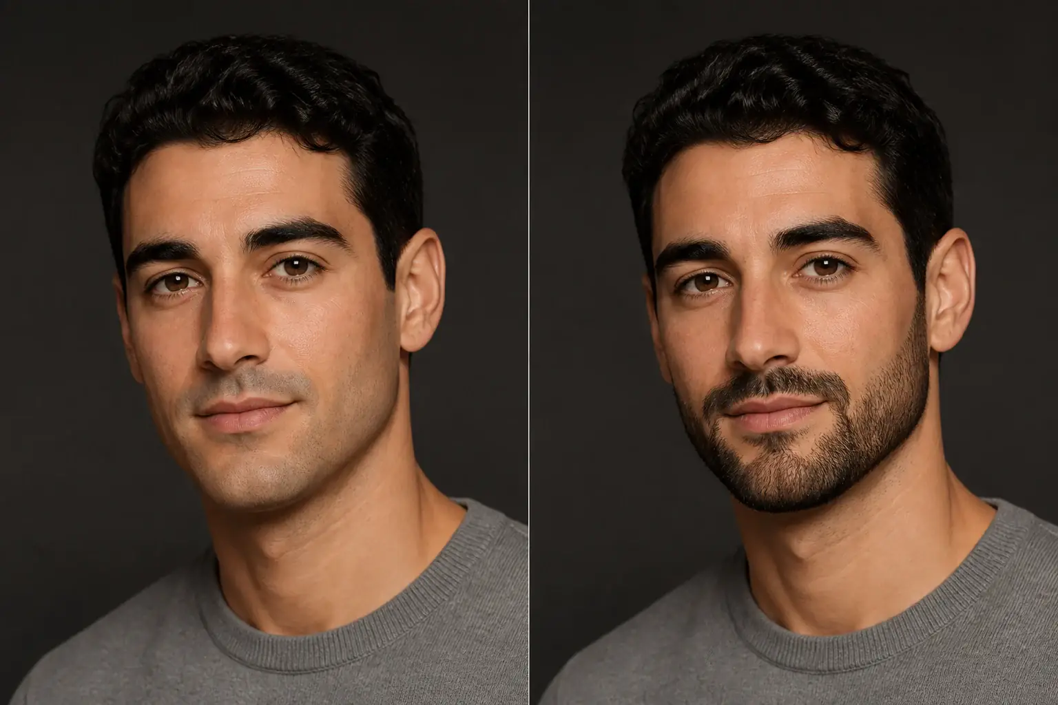 Side-by-side example of natural facial hair added